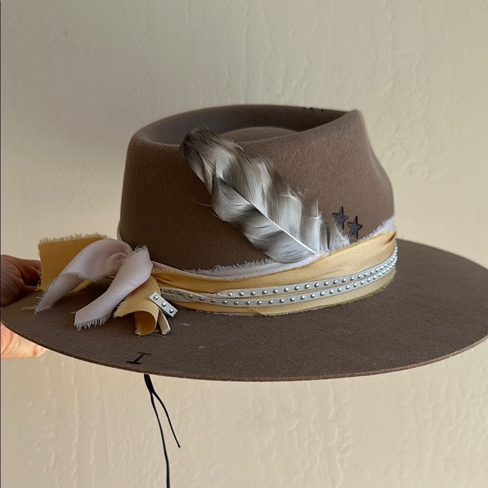 Brown Flat Brim 100% real Wool Hat with Feather and Ribbon